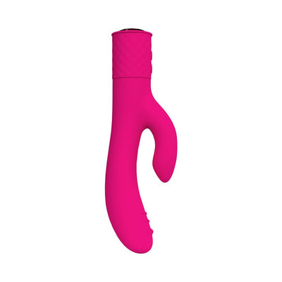 Bright pink dual-action vibrator with textured handle and curved design for targeted stimulation.