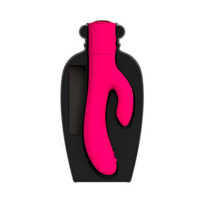 Bright pink dual-action vibrator in a sleek black protective case, designed for clitoral and G-spot stimulation.