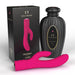 Pink Mystique Rabbit vibrator with textured black storage bottle and matching black and gold packaging box.