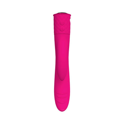 Bright pink dual-action vibrator with smooth silicone finish and textured control buttons on the handle.