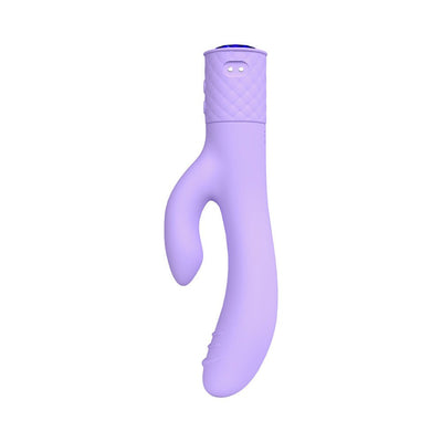 Lavender double-action vibrator with curved shaft and clitoral stimulator, featuring textured grip and smooth silicone finish.