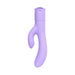 Lavender double-action vibrator with curved shaft and clitoral stimulator, featuring textured grip and smooth silicone finish.