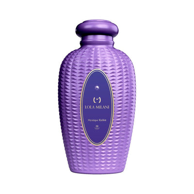 Purple textured bottle with Lola Milani Mystique Rabbit label and gold accents on a white background