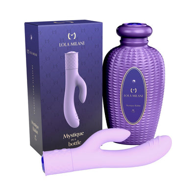 Lavender double-action vibrator with textured handle, shown with purple decorative storage bottle and matching packaging box.