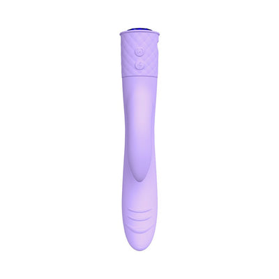 Sleek lavender double-action vibrator with textured grip and dual stimulation design in smooth silicone finish.
