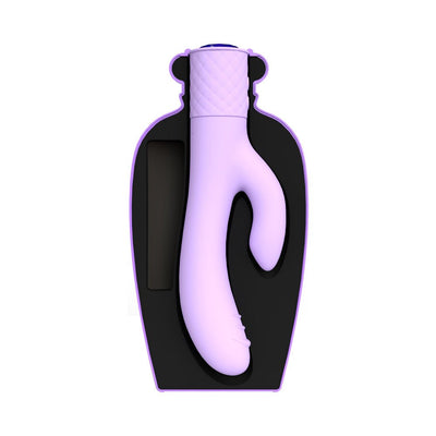 Lavender Mystique Rabbit vibrator with dual stimulation design in a custom black and purple protective case.