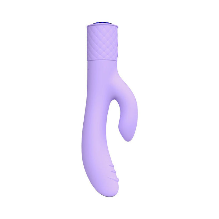Lavender double-action vibrator with curved shaft and clitoral stimulator, featuring textured grip and smooth silicone finish.