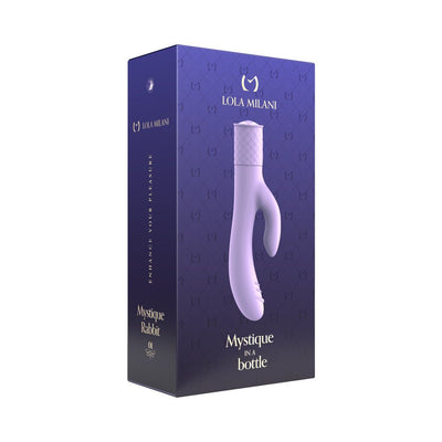 Purple Mystique Rabbit dual-action vibrator displayed on elegant purple Lola Milani packaging box.
