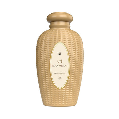 Textured beige protective bottle with elegant label for Lola Milani Mystique Wand vibrator.