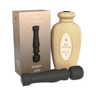 Lola Milani Mystique Wand with ergonomic black design, textured protective bottle, and branded packaging box.