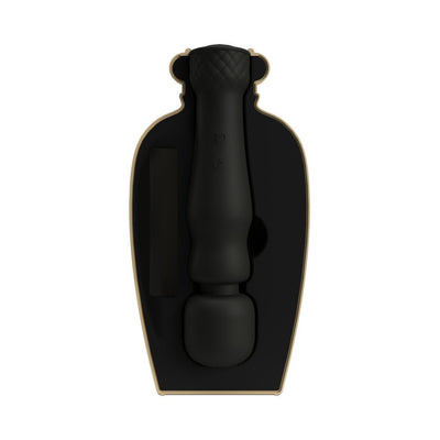 Black Lola Milani Mystique Wand with ergonomic handle and flexible head, displayed in a stylish protective bottle case.
