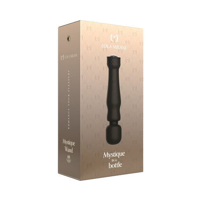 Packaging box of Lola Milani Mystique Wand featuring a sleek black wand design on a beige gradient background.