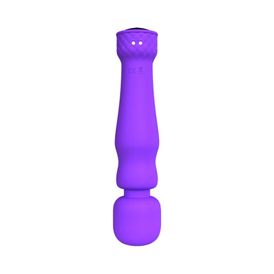Purple silicone massage wand with ergonomic handle and flexible rounded head for deep soothing massages.