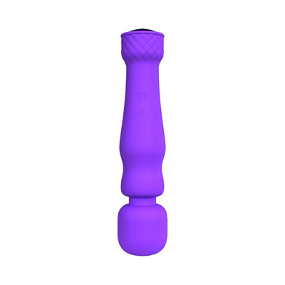 Purple silicone massage wand with ergonomic handle and flexible rounded head against white background