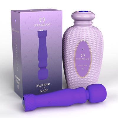 Lola Milani Mystique Wand in purple with textured protective bottle and matching packaging box.