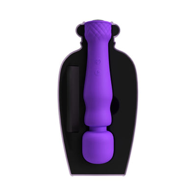 Purple Lola Milani Mystique Wand with ergonomic handle in black protective bottle packaging.