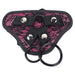Purple and black lace adjustable harness panel with two black attachment rings and silver snap buttons.