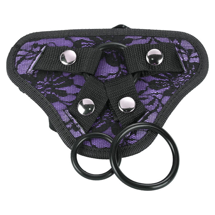 Purple and black lace adjustable harness with two removable black rings and silver snap buttons.