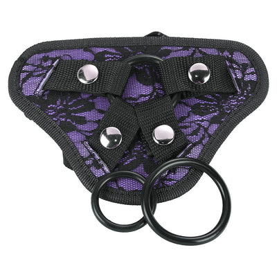 Purple and black lace adjustable harness with two removable black rings and silver snap buttons.
