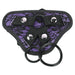 Purple and black lace adjustable harness with two removable black rings and silver snap buttons.