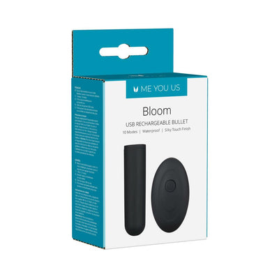 Packaging box of Myu Bloom USB rechargeable black bullet vibrator with remote control shown on front.