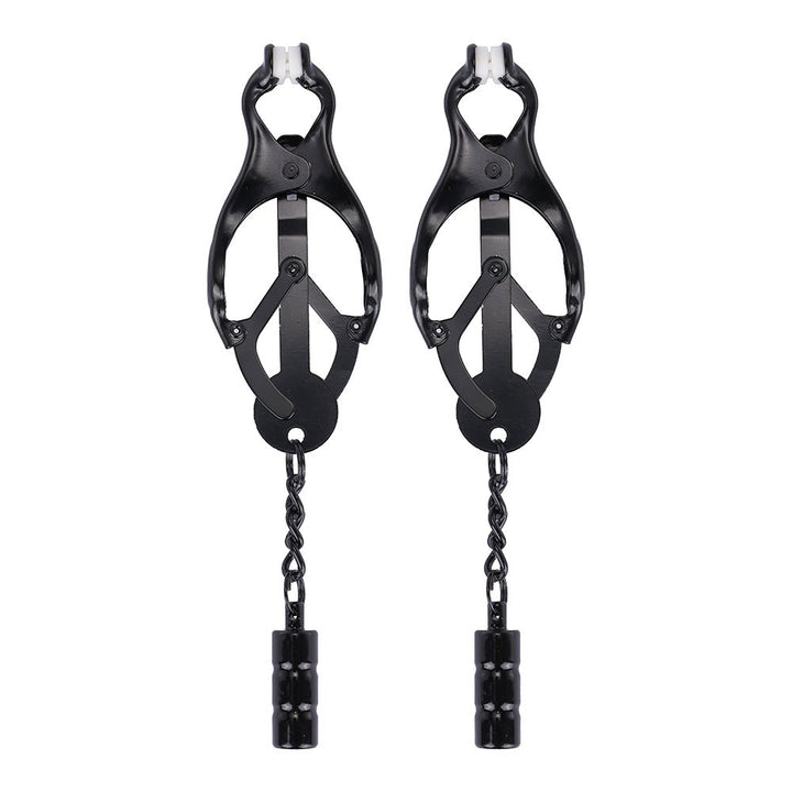 Pair of black adjustable Myu Clover nipple clamps with rubber-coated tips and decorative weighted chains.