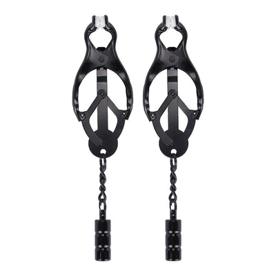 Pair of black adjustable Myu Clover nipple clamps with rubber-coated tips and decorative weighted chains.