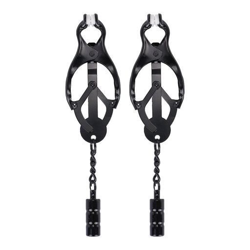Pair of black adjustable Myu Clover nipple clamps with rubber-coated tips and decorative weighted chains.