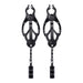 Pair of black adjustable Myu Clover nipple clamps with rubber-coated tips and decorative weighted chains.