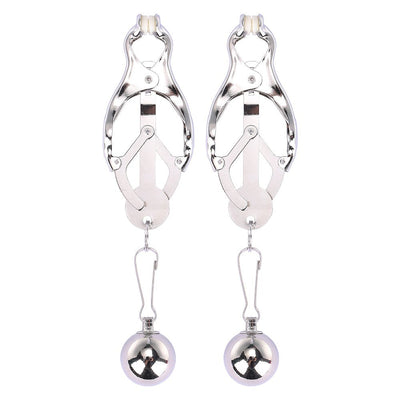 Pair of silver adjustable metal nipple clamps with rubber tips and hanging round weights.