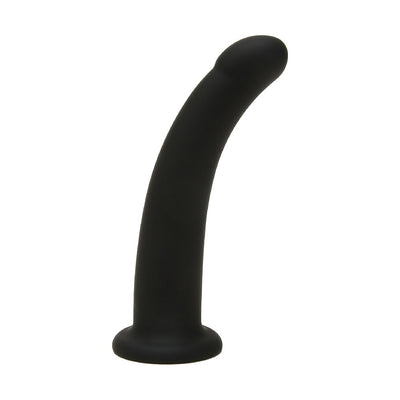 Curved black silicone dildo with smooth texture and flared base for secure use.