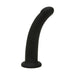 Curved black silicone dildo with smooth texture and flared base for secure use.