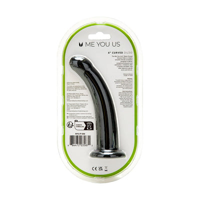 Black curved silicone dildo in clear plastic packaging with green trim from Me You Us brand.
