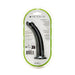 Black curved silicone dildo in clear plastic packaging with green trim from Me You Us brand.