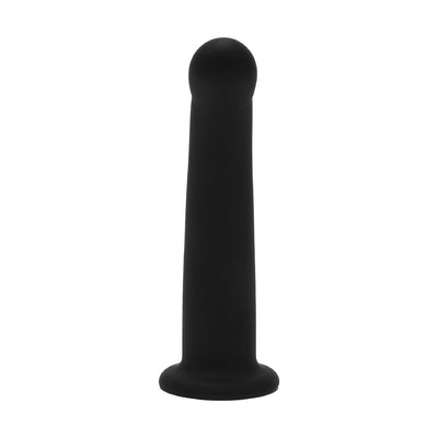 Black curved silicone dildo with rounded tip and suction base, standing upright on white background.