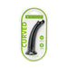Black curved silicone dildo in clear and white packaging with green accents, labeled compatible with harness and body-safe silicone.