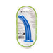 Blue curved silicone dildo in clear plastic packaging with product information and branding visible.