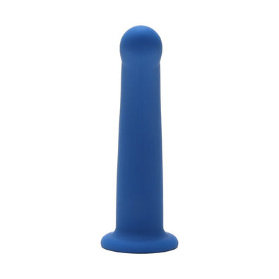 Blue curved silicone dildo with rounded tip and flared base, standing upright on a white background.