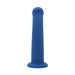Blue curved silicone dildo with rounded tip and flared base, standing upright on a white background.