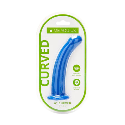 Blue 6-inch curved silicone dildo in clear packaging with green accents, compatible with harnesses and body-safe material.