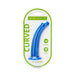 Blue 6-inch curved silicone dildo in clear packaging with green accents, compatible with harnesses and body-safe material.
