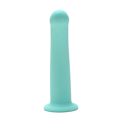 Smooth aqua curved silicone dildo with rounded tip and suction base, 7 inches long.