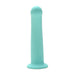 Smooth aqua curved silicone dildo with rounded tip and suction base, 7 inches long.