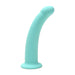 Curved aqua blue silicone dildo with smooth texture and suction base, 7 inches long.