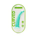 7-inch curved aqua silicone dildo in clear packaging with green accents, compatible with harnesses and body-safe material.