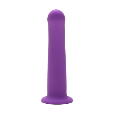 Purple curved silicone dildo with smooth texture and rounded tip, standing upright on a white background.