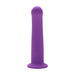 Purple curved silicone dildo with smooth texture and rounded tip, standing upright on a white background.