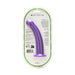 Purple 7-inch curved silicone dildo in clear blister packaging with green trim and product information.