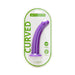 Purple 7-inch curved silicone dildo in clear packaging with green and white Me You Us branding.
