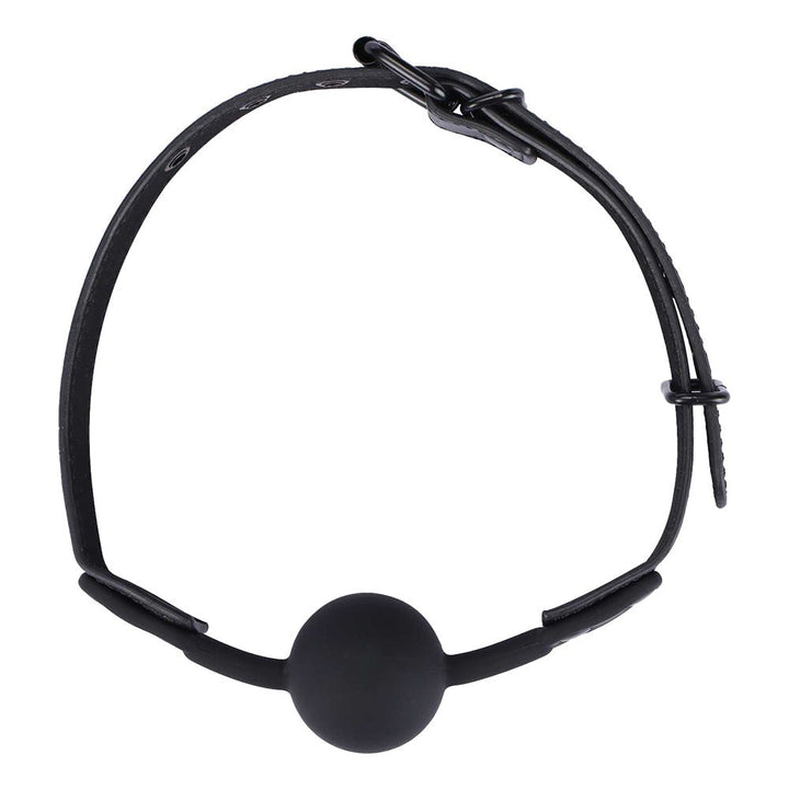 Black silicone ball gag with adjustable leatherette strap and metal buckle closure.